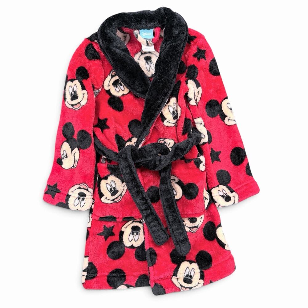 Disney Mickey Mouse Kids Robe Sz 4T Plush Fleece Red Black Belted Bathrobe